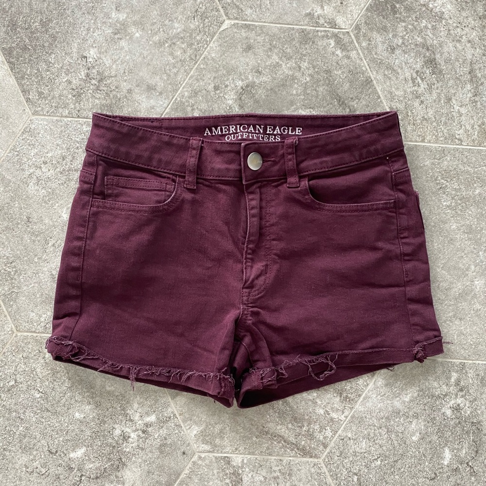 American Eagle Burgundy High Rise Denim Shortie